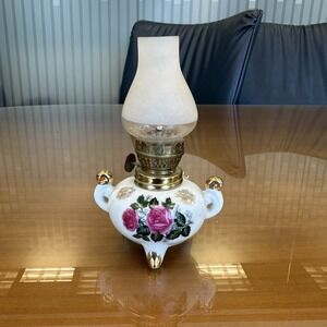 Vintage Mini‎ 3 Footed Ceramic Porcelain Oil Lamp w/Coaster Floral Design Japan